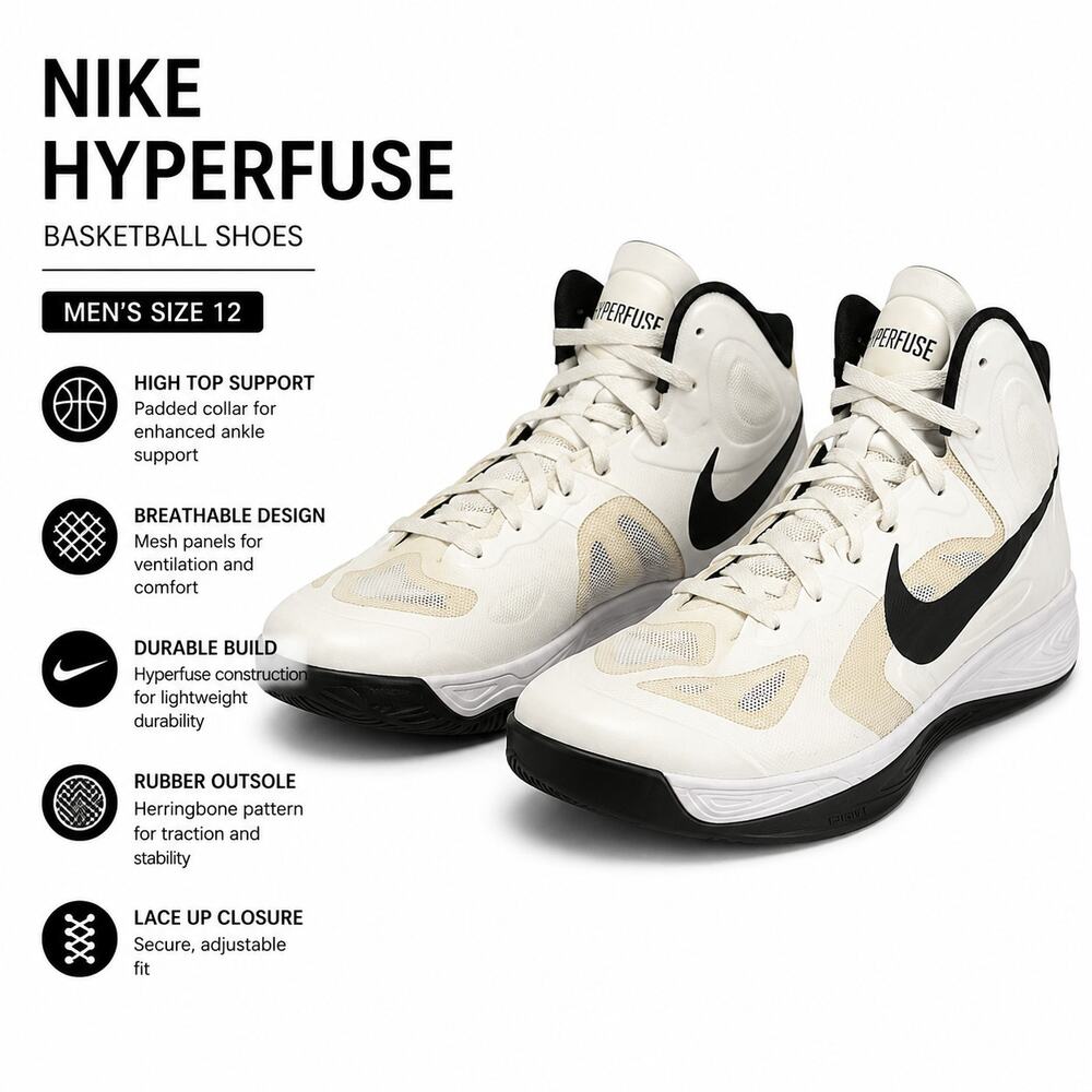 Nike Hyperfuse Basketball Shoes White Black 524934 100 Men’s Size 12